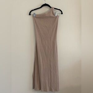 Aerie One-Shoulder Ribbed Tan Fitted Casual Midi Dress size Small